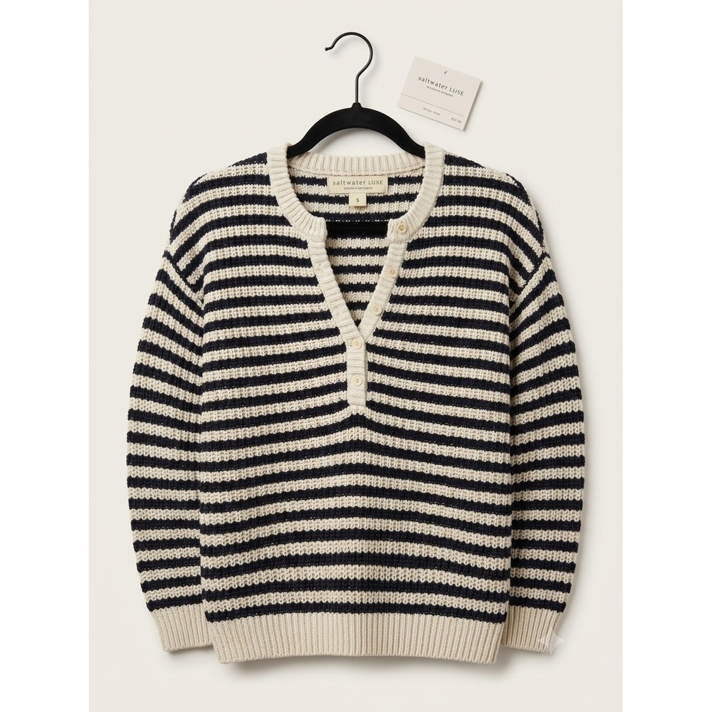 Saltwater Luxe Striped Henley Knit Sweater Cream Navy Blue Women Small